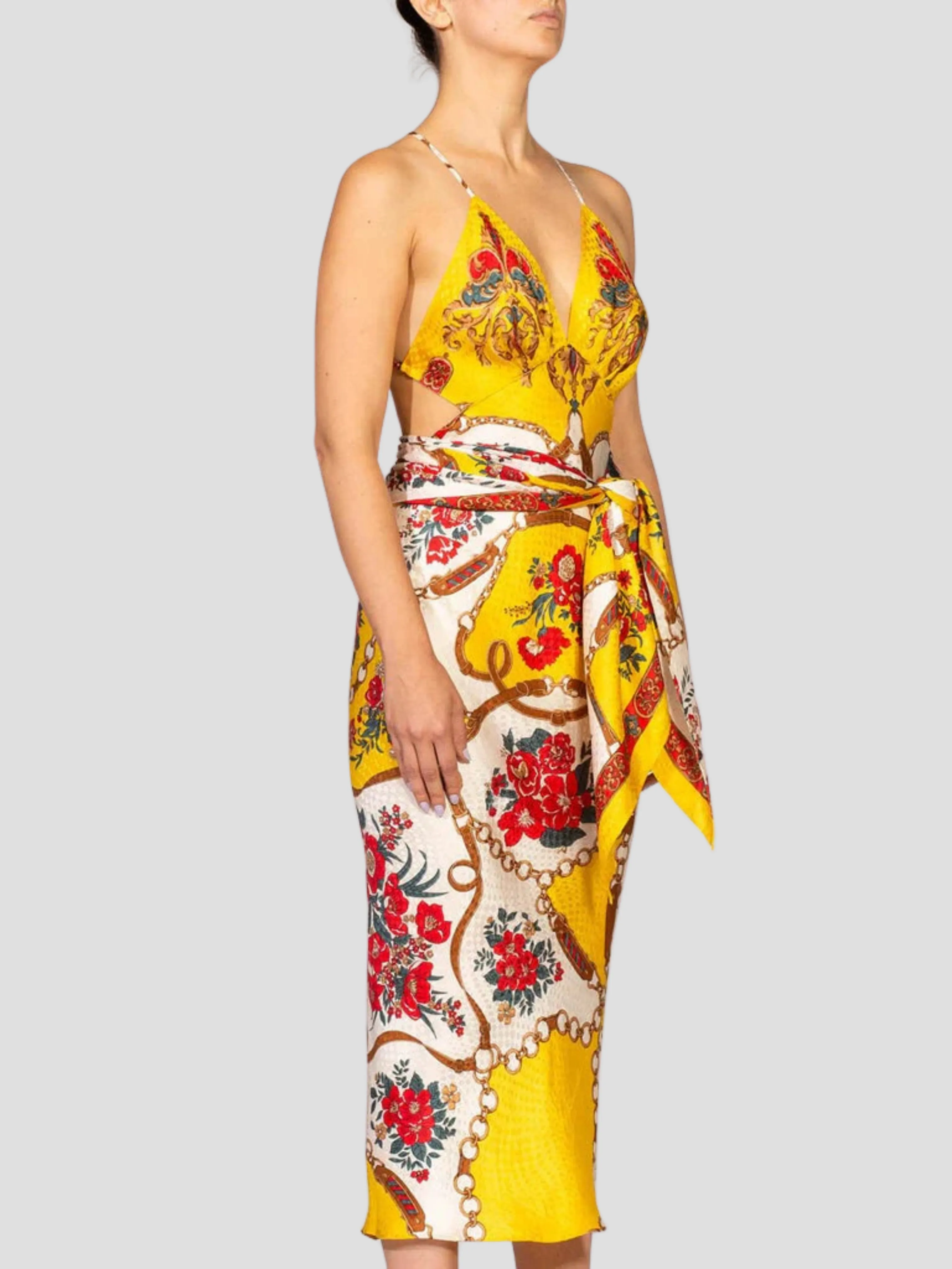 Yellow & Red Bias Cut Silk Jacquard Sagittarius Multi-Way Scarf Dress