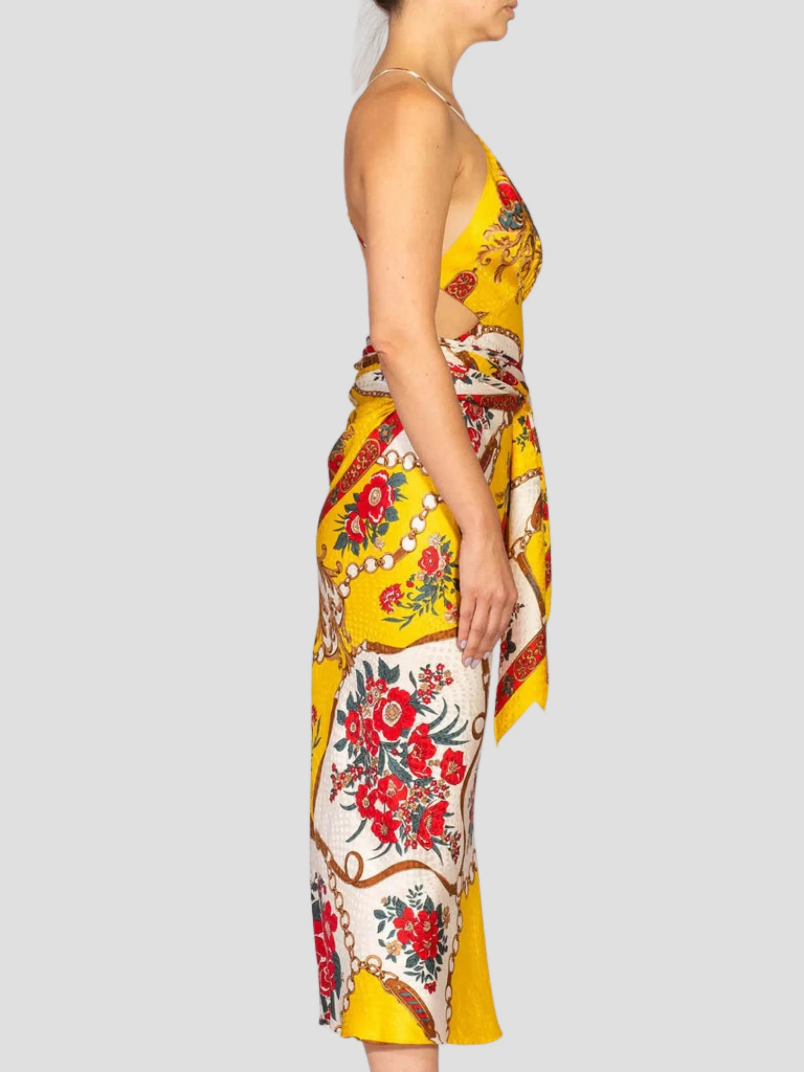 Yellow & Red Bias Cut Silk Jacquard Sagittarius Multi-Way Scarf Dress