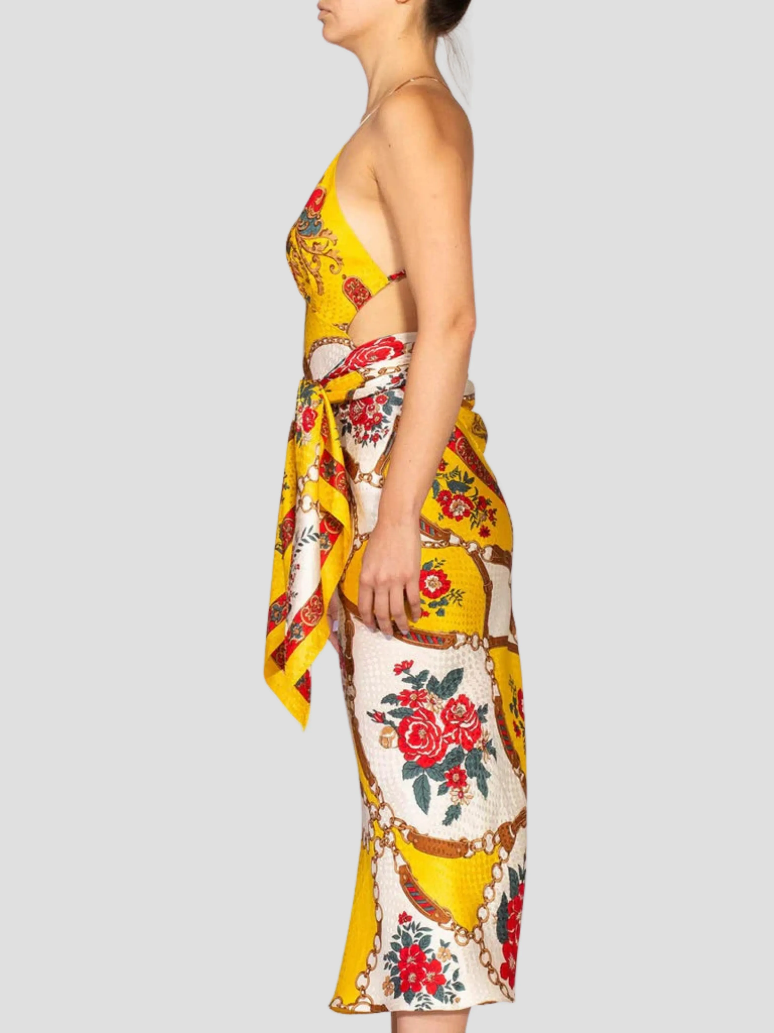 Yellow & Red Bias Cut Silk Jacquard Sagittarius Multi-Way Scarf Dress