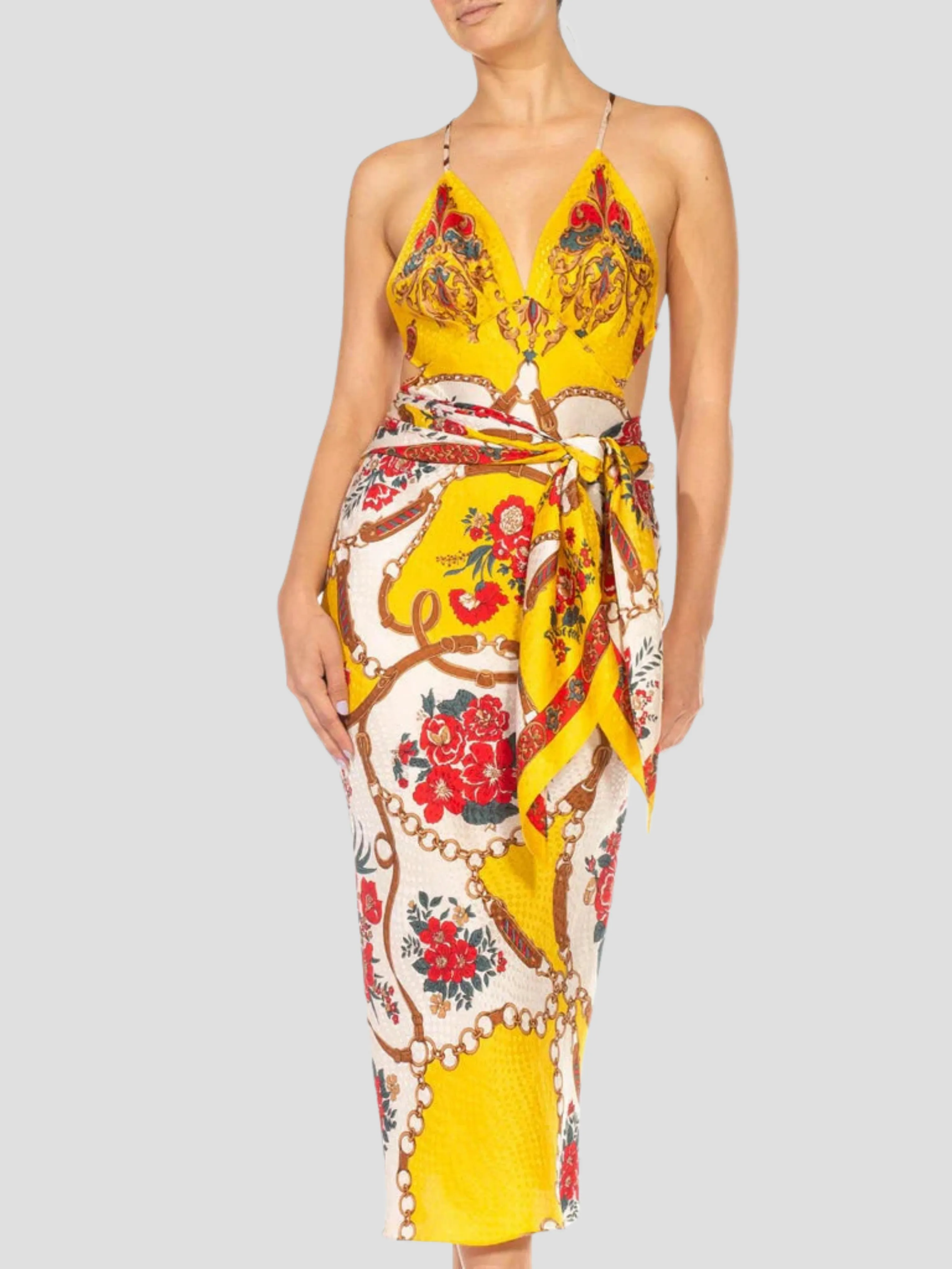 Yellow & Red Bias Cut Silk Jacquard Sagittarius Multi-Way Scarf Dress