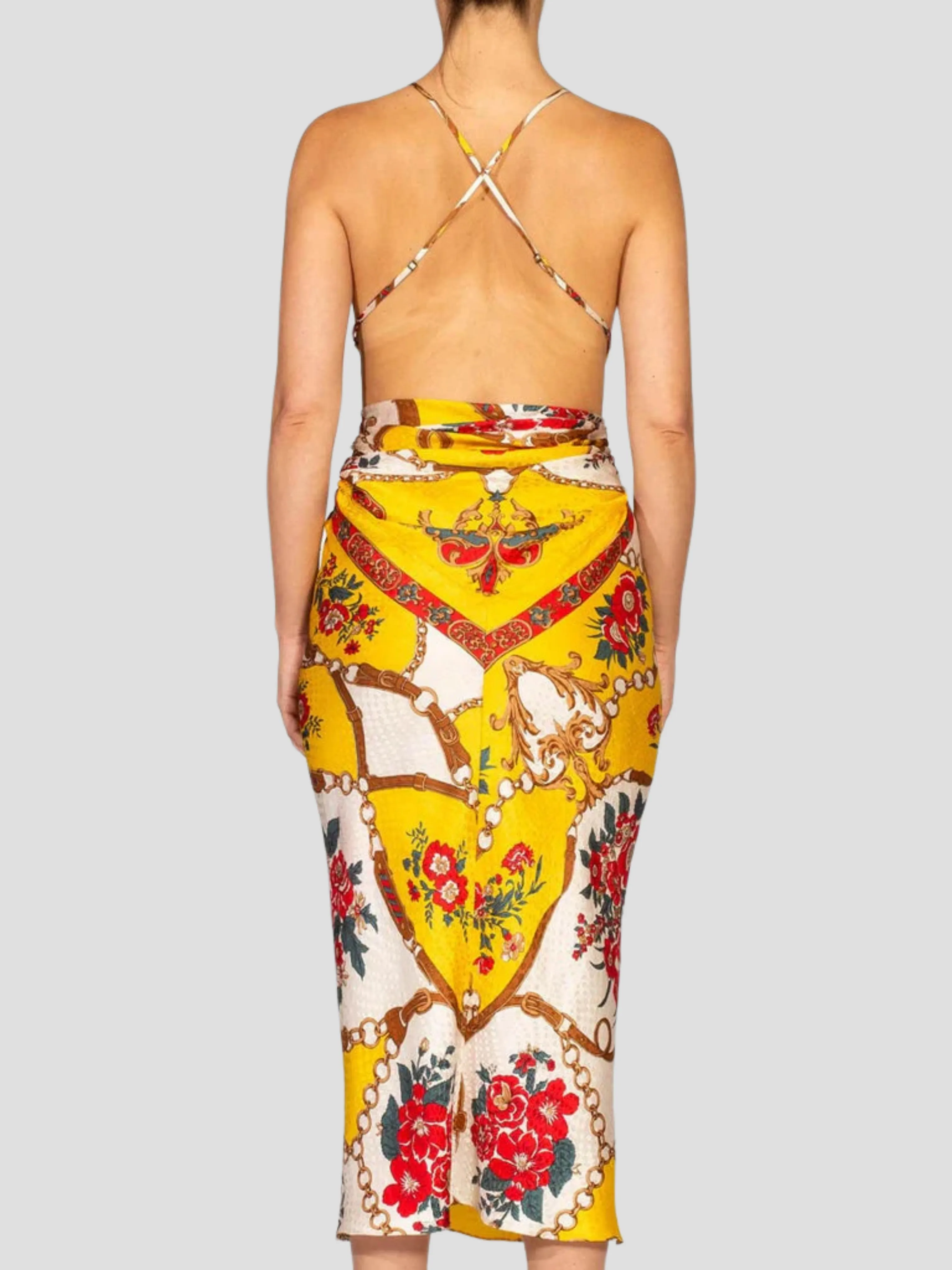 Yellow & Red Bias Cut Silk Jacquard Sagittarius Multi-Way Scarf Dress