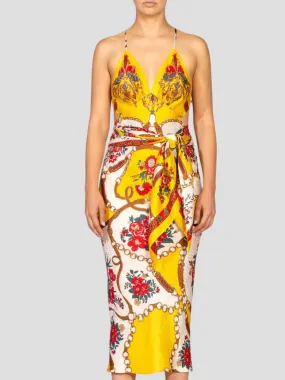 Yellow & Red Bias Cut Silk Jacquard Sagittarius Multi-Way Scarf Dress