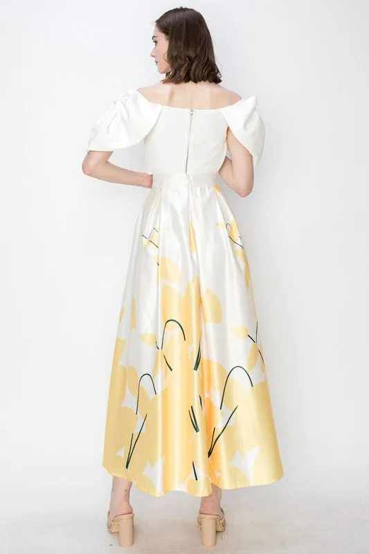 Yellow Flower Print Pleated Maxi Skirt with Waist Ribbon