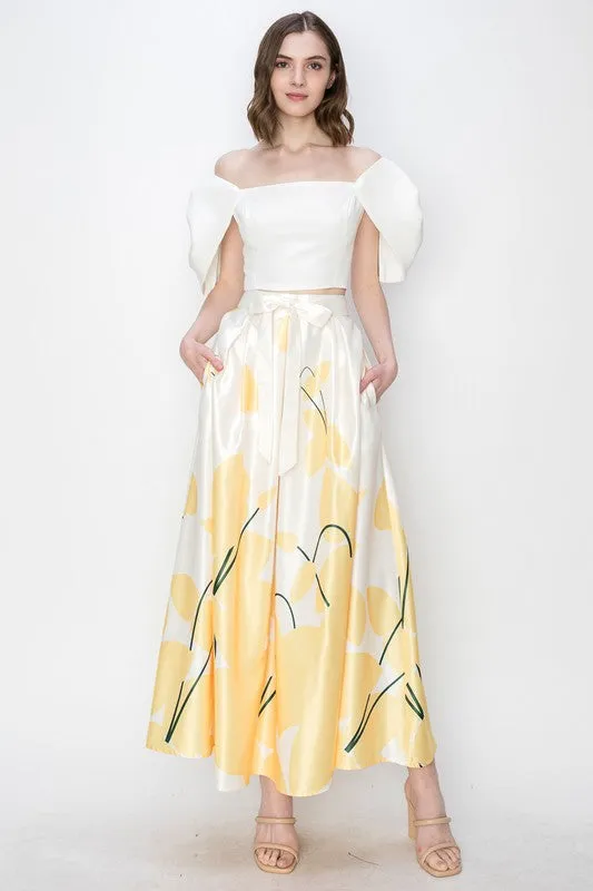 Yellow Flower Print Pleated Maxi Skirt with Waist Ribbon