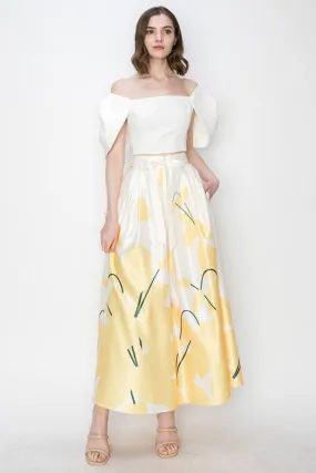 Yellow Flower Print Pleated Maxi Skirt with Waist Ribbon