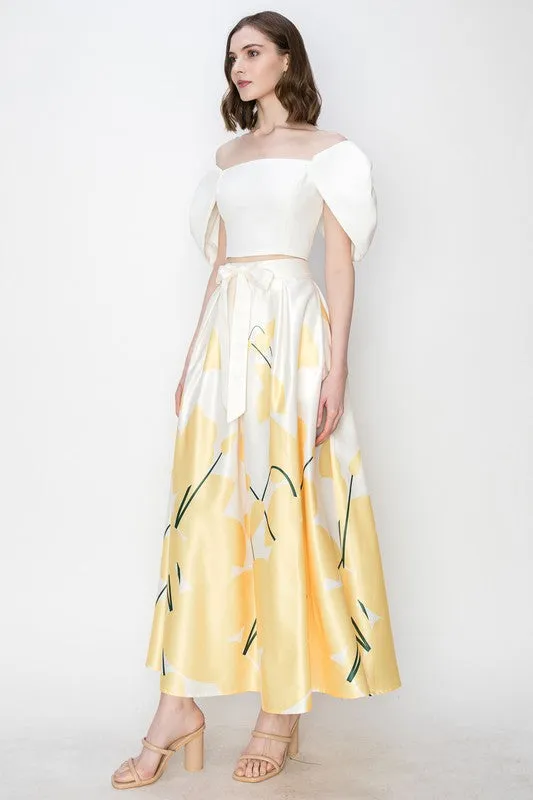 Yellow Flower Print Pleated Maxi Skirt with Waist Ribbon