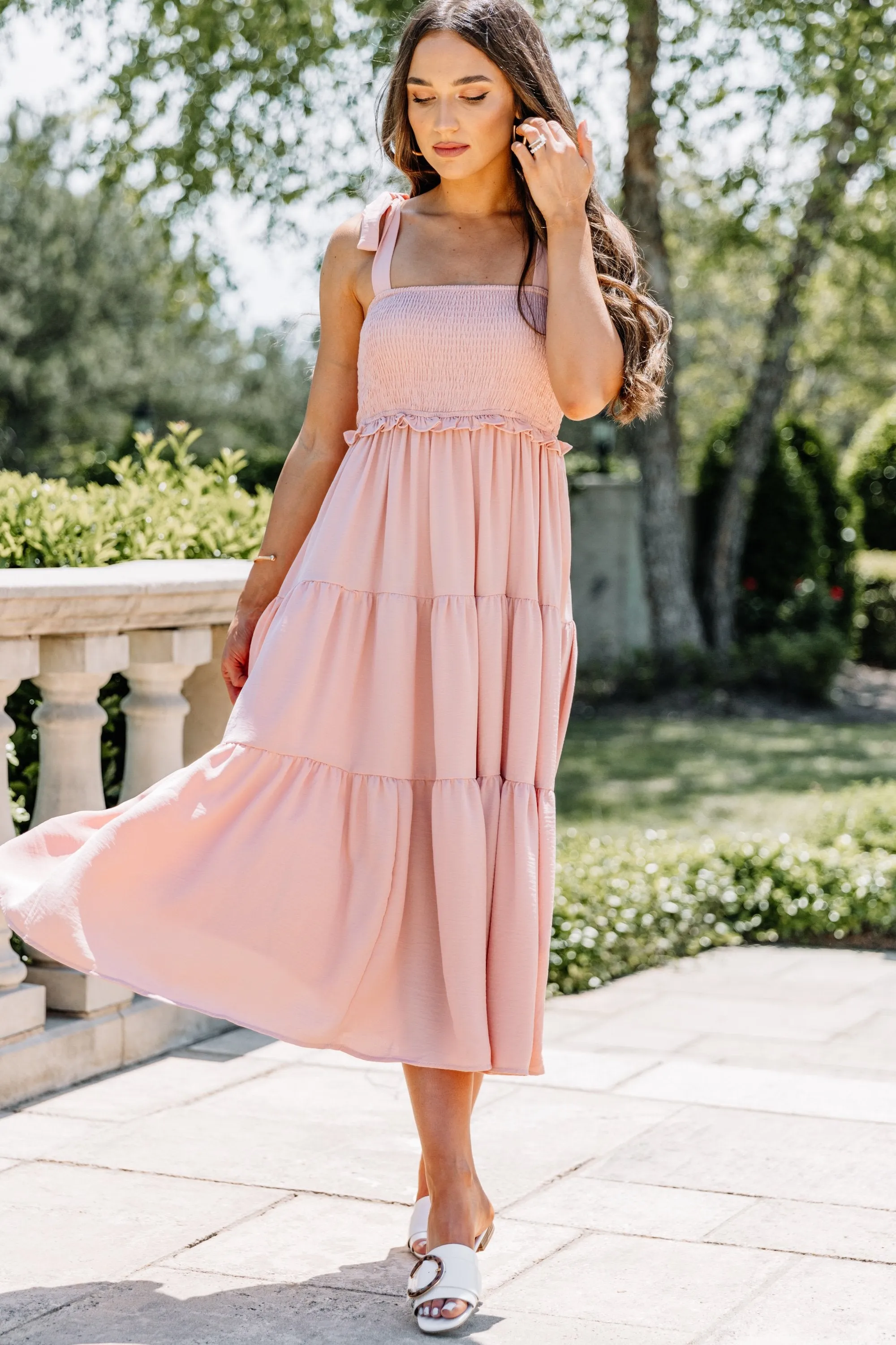 You've Got The Touch Mauve Pink Smocked Midi Dress