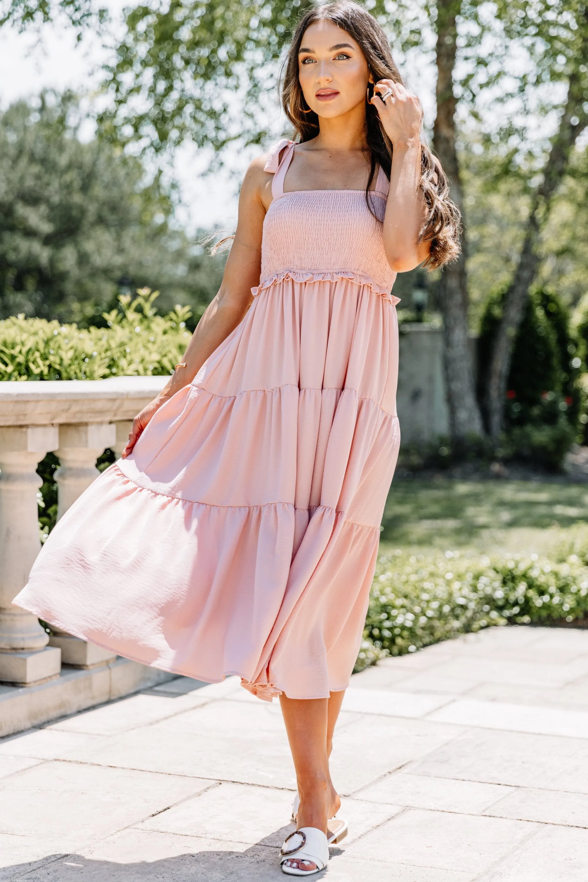 You've Got The Touch Mauve Pink Smocked Midi Dress